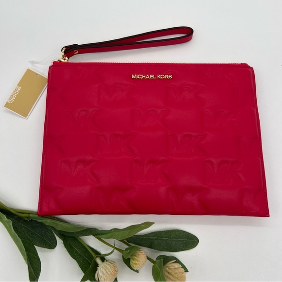 Michael Kors XL Logo Textured/Cushioned Clutch Wristlet Red Deep Pink NWT - Picture 1 of 11